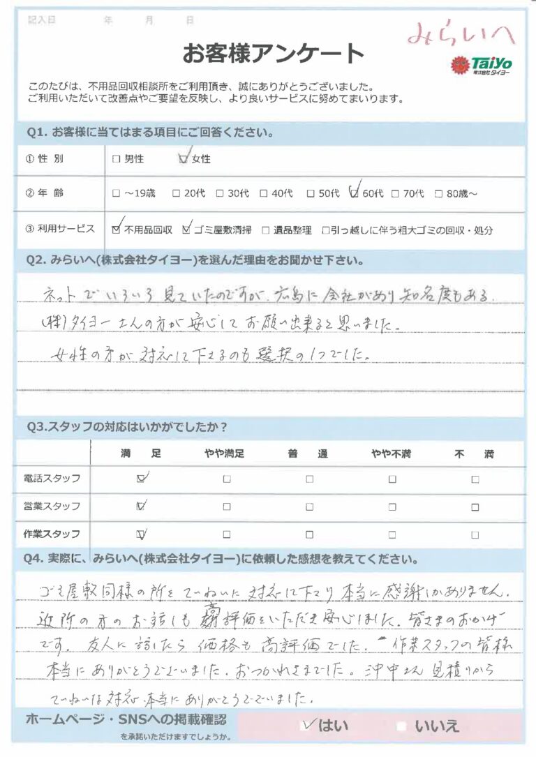 ご自宅整理に伴う遺品整理「ごみ屋敷同様の所をていねいに対応して下さり本当に感謝しかありません」